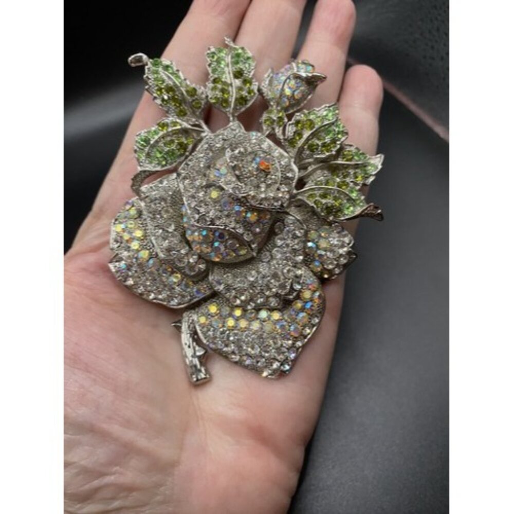 AB Clear Crystal Rose Brooch Huge 4" Silver Tone Thorns Green Leaves Rosebud - Picture 2 of 8